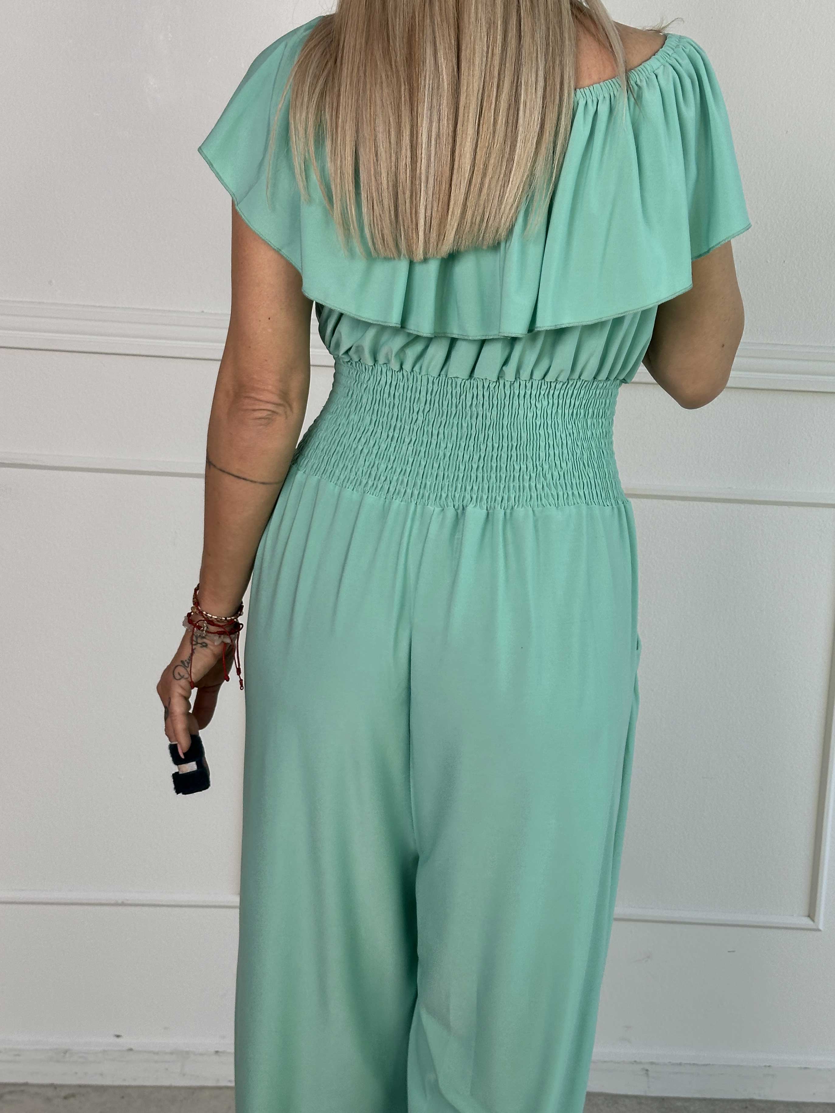 Pams Plain Frill Jumpsuit - Elastisk buksedragt med smock og flæse